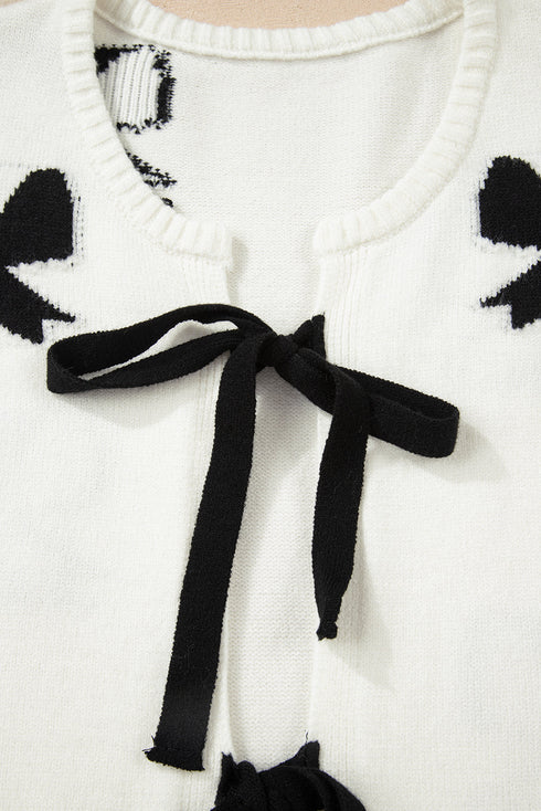 Ribbon Tie Front Bow Jacquard Knit Cardigan